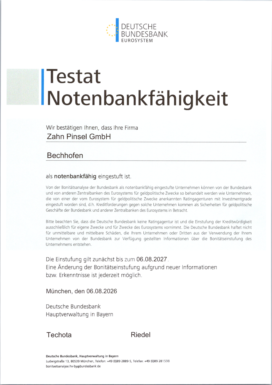 Zahn Pinsel GmbH Testat Notenbankfähigkeit