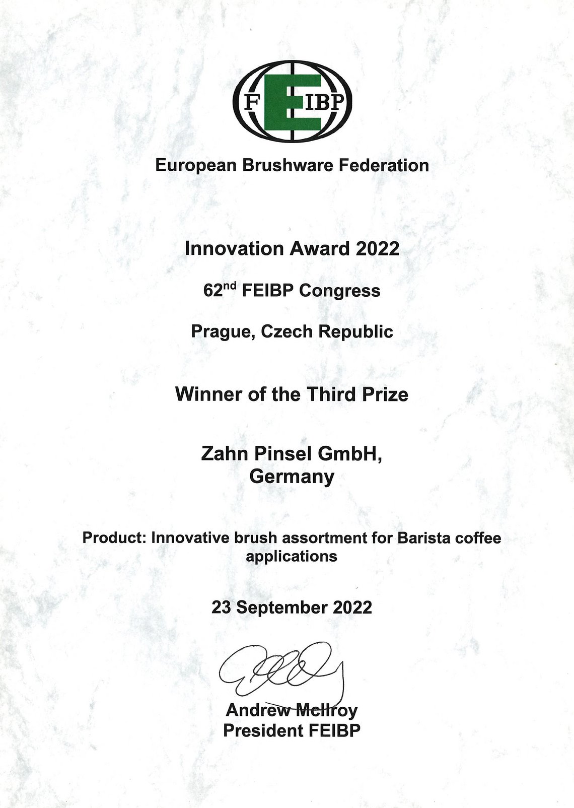 Zahn Pinsel GmbH Auszeichnung Barista Pinsel